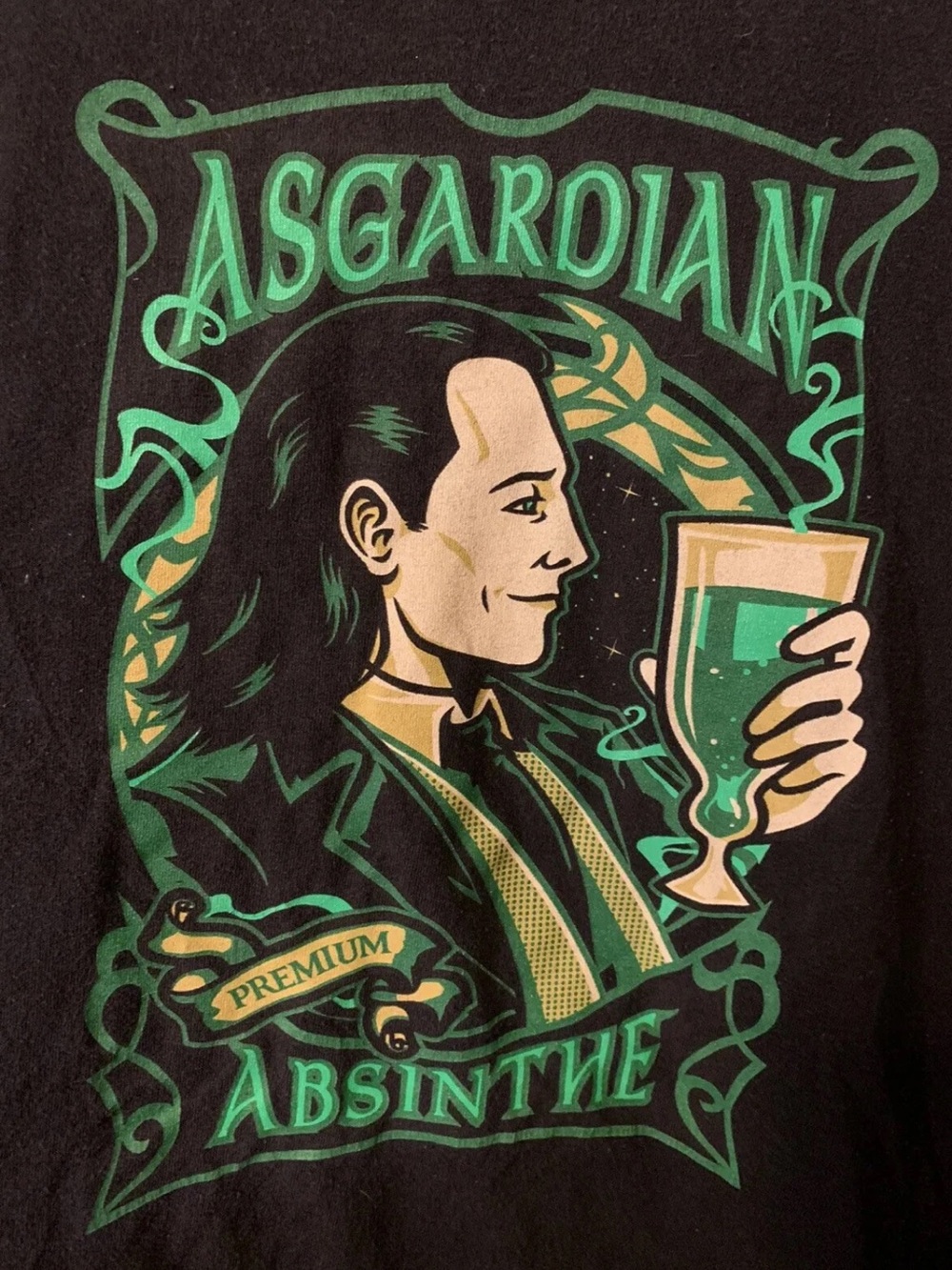 Asgardian Absinthe  Premium‎ Mens Sz 2XL Black Green Tee Fury Loki